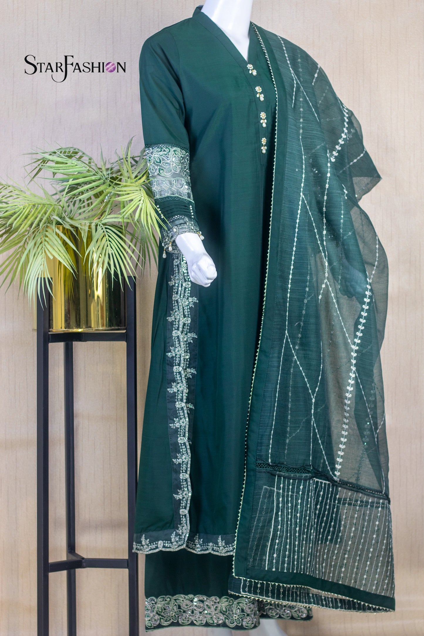 3-Piece Dress with Khaddi Dupatta & Palazzo