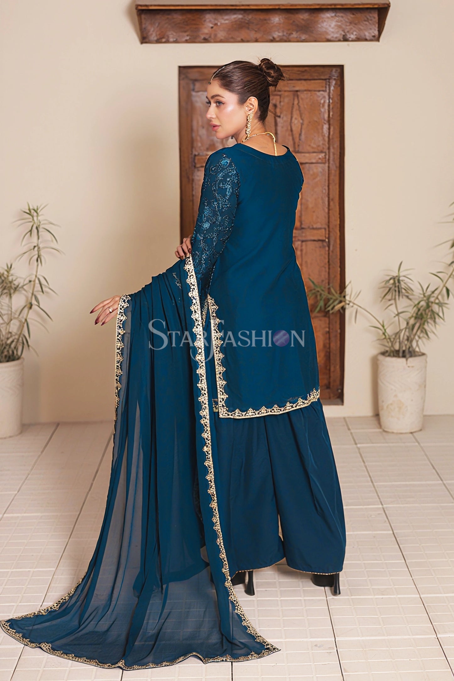 Malaysian Blue Chiffon Embroidered Suit with Dupatta & Gharara