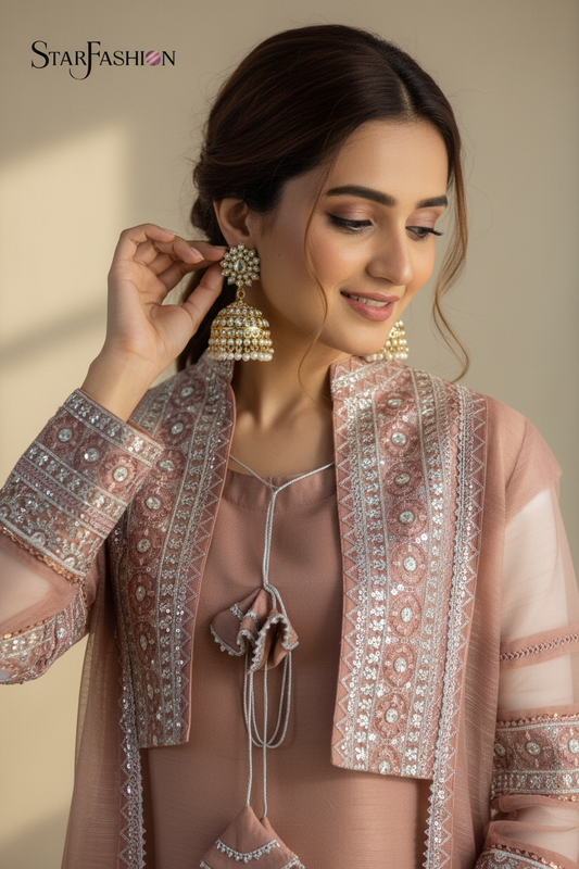 Iridescent Chiffon Waistcoat Style Shirt with Chiffon Dupatta & Khaddi Silk Trousers