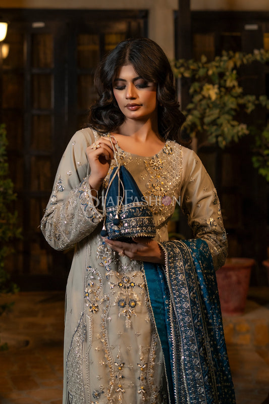 Grey Embroidered Net Luxury Pret Suit with Chiffon Dupatta