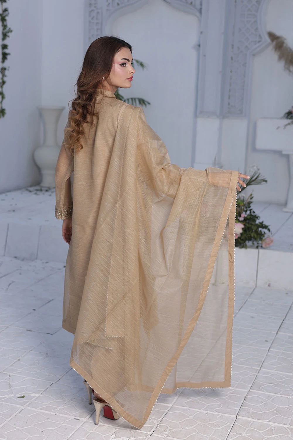 Embroidered Tan Brown A-Line Organza Net Kurta Set with Raw Silk Shalwar & Organza Dupatta