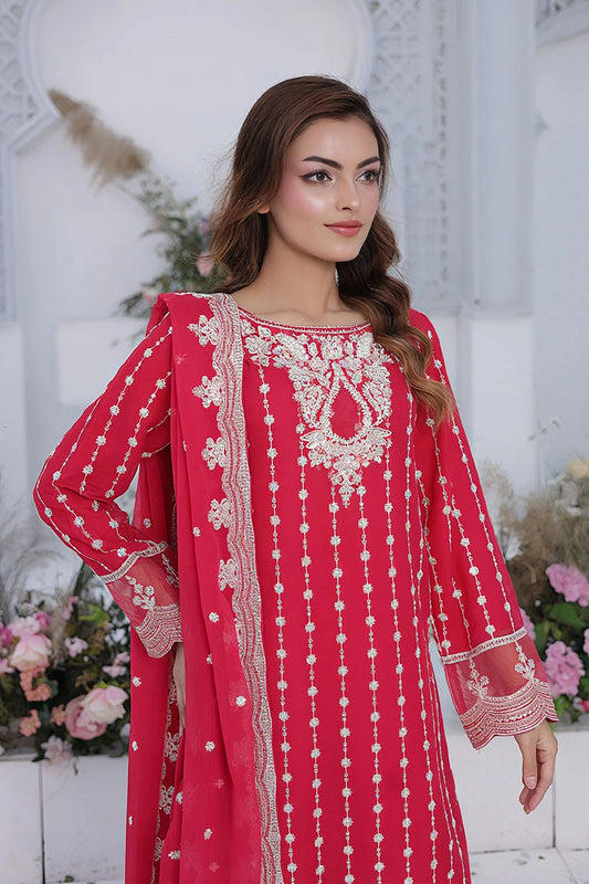 Embroidered Watermelon Kurti Set with Straight-Leg Gharara & Crinkle Chiffon Dupatta