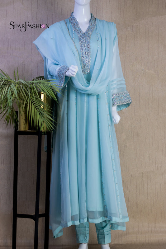 Iridescent Chiffon Ensemble with Silk Trouser & Dupatta