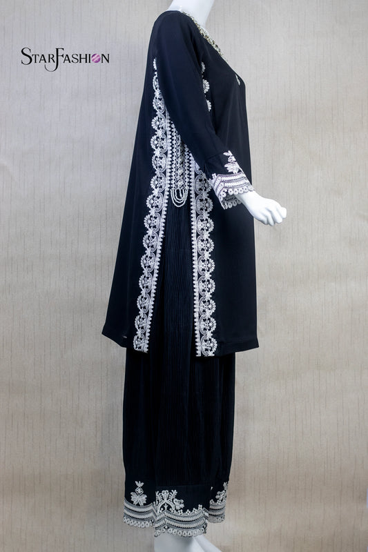 Black Stitched luxury Chiffon Short Shirt with Long Embroidered Dupatta and Crinkle Silk Plazo
