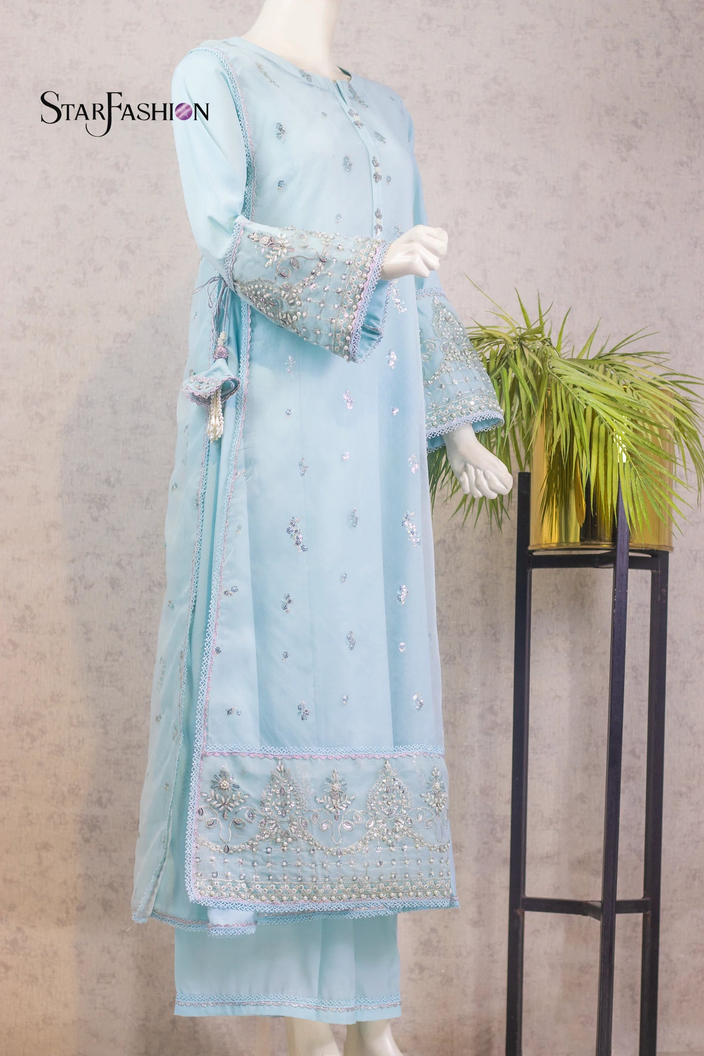 Sky Blue Crepe & Organza Gown with Dupatta