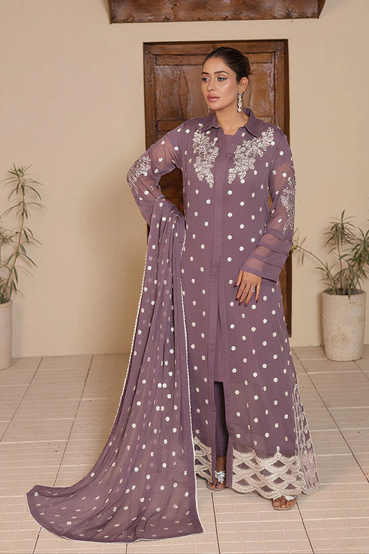 Dusty Mauve Chiffon Gown with Malai Silk Trouser & Embroidered Dupatta