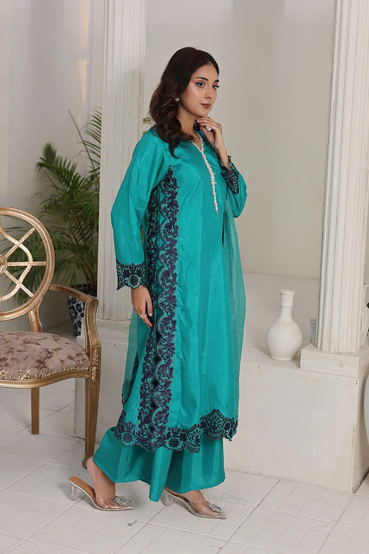 Embroidered Raw Silk Kurta Set with Plazzo & Net Dupatta