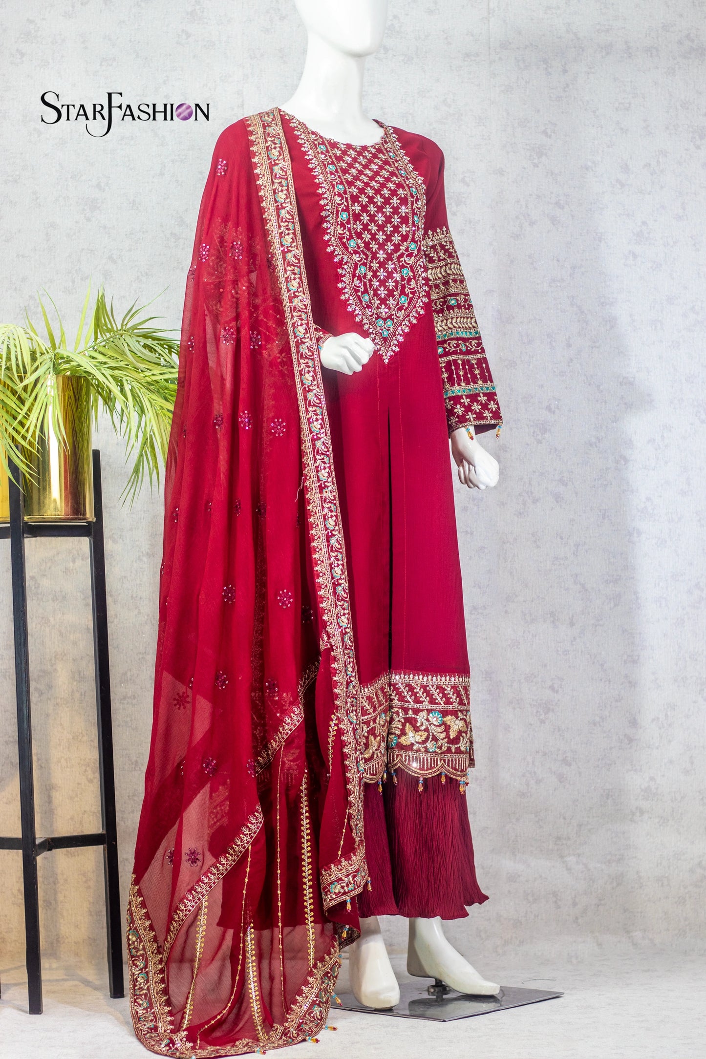 Maroon & Orange Embroidered Raw Silk 3-Piece Dress