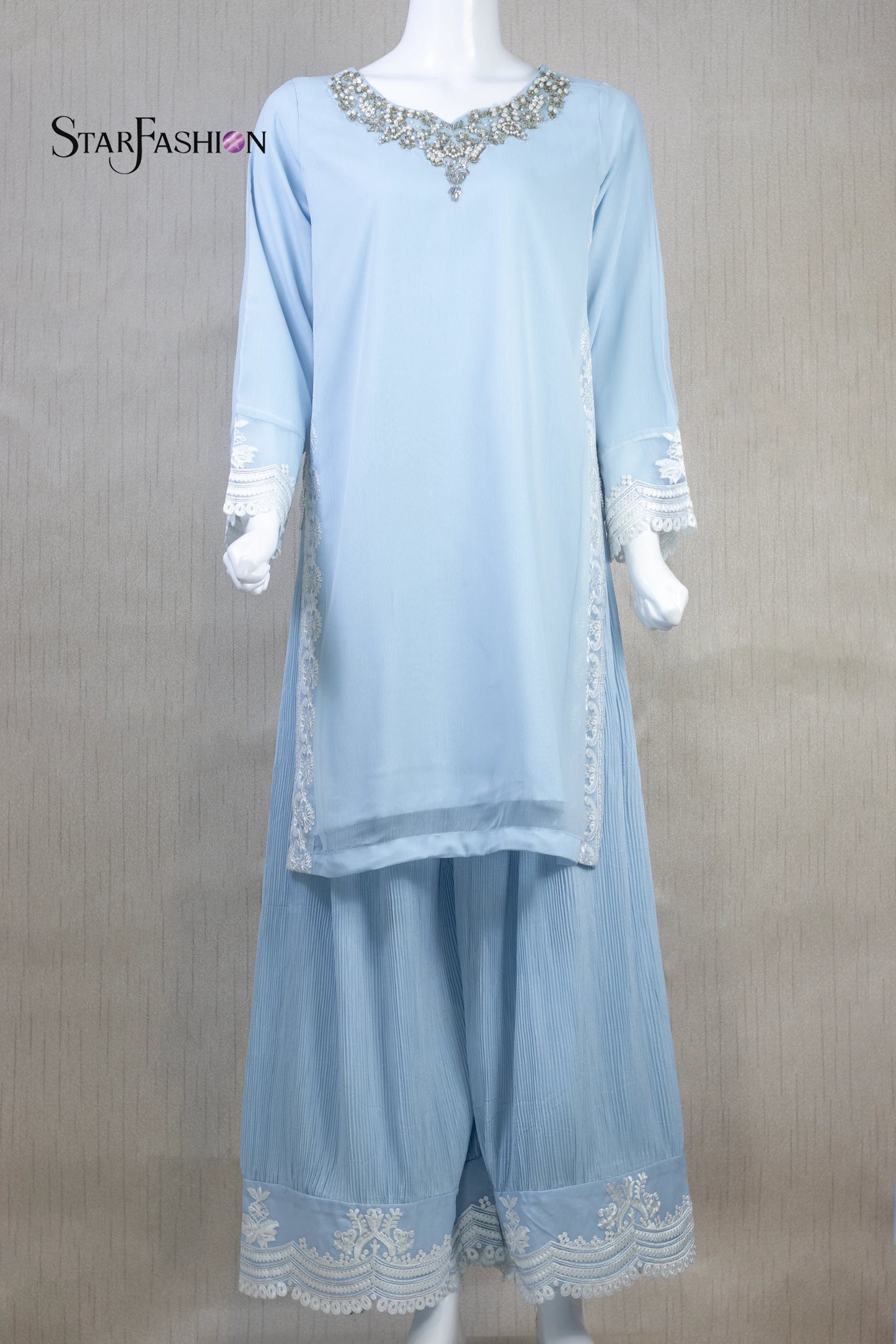 IceBlue Stitched luxury Chiffon Short Shirt with Long Embroidered Dupatta and Crinkle Silk Plazo