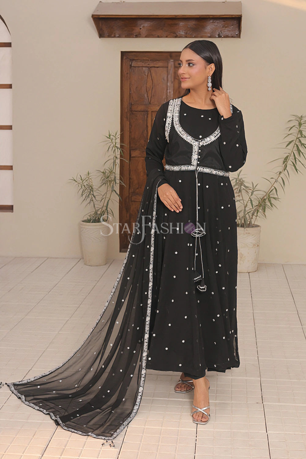 Black Embroidered Chiffon Frock with Dupatta & Silk Palazzo