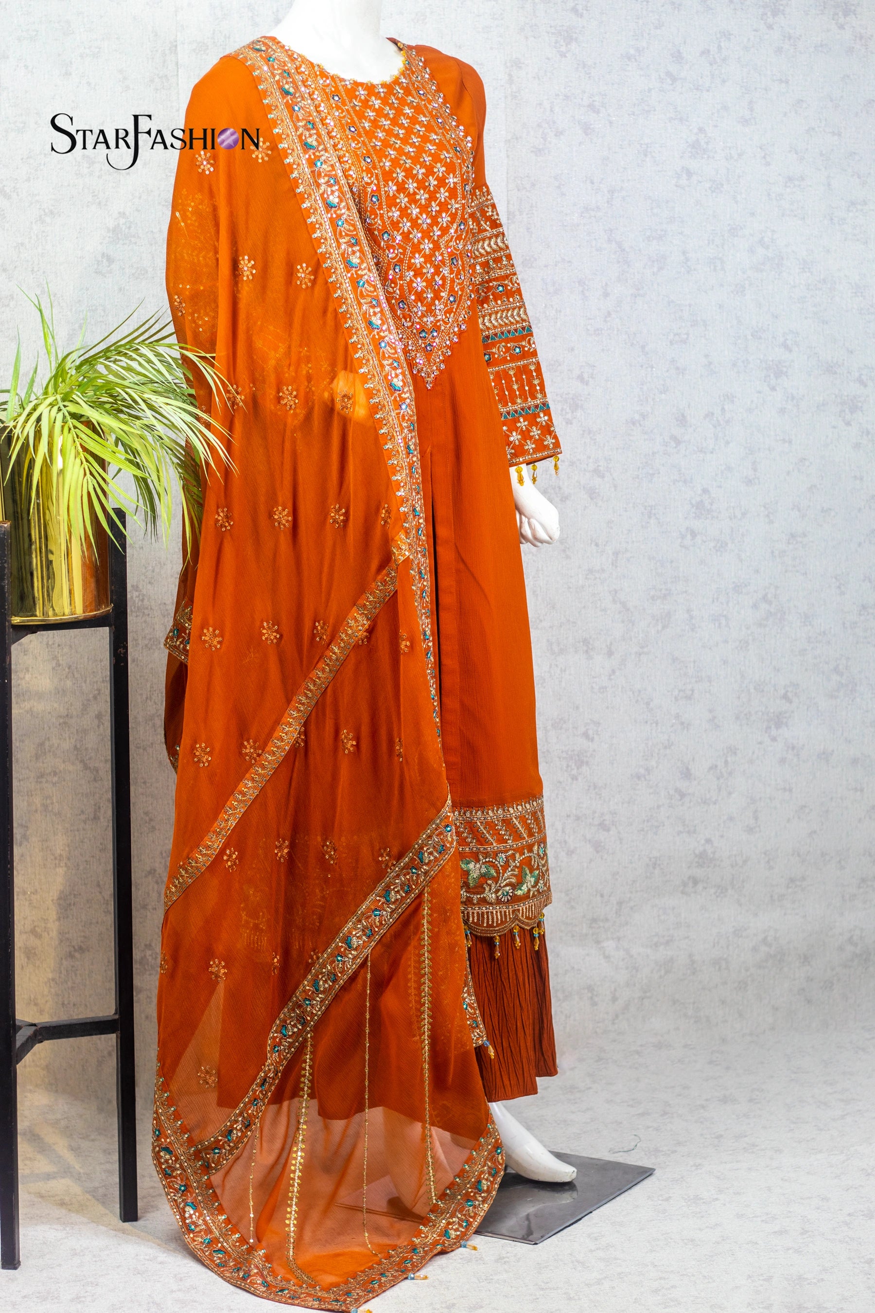 Rust Color Silk Dress | Star Fashion Pakistan Large / Rust