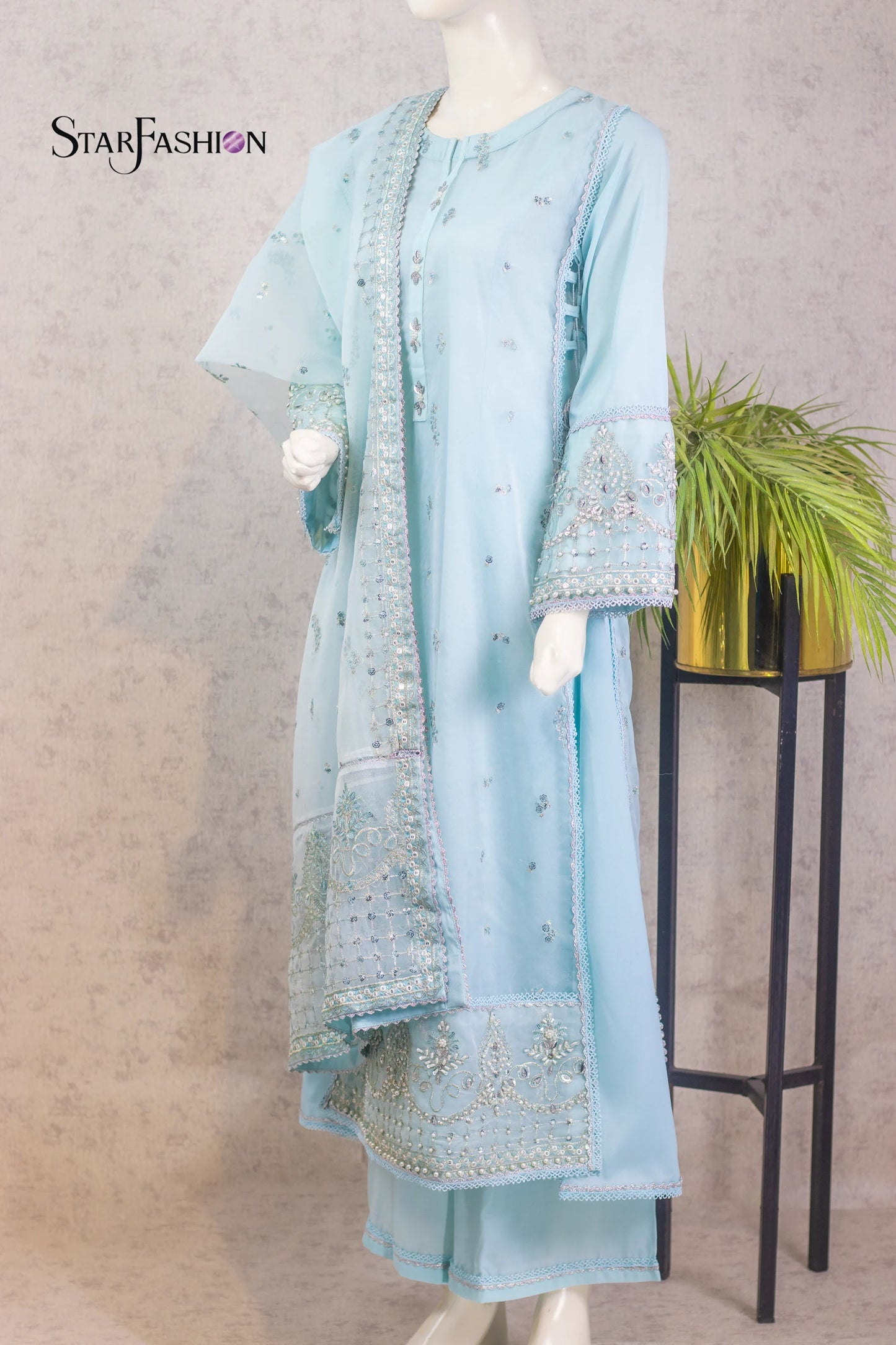 Sky Blue Crepe & Organza Gown with Dupatta