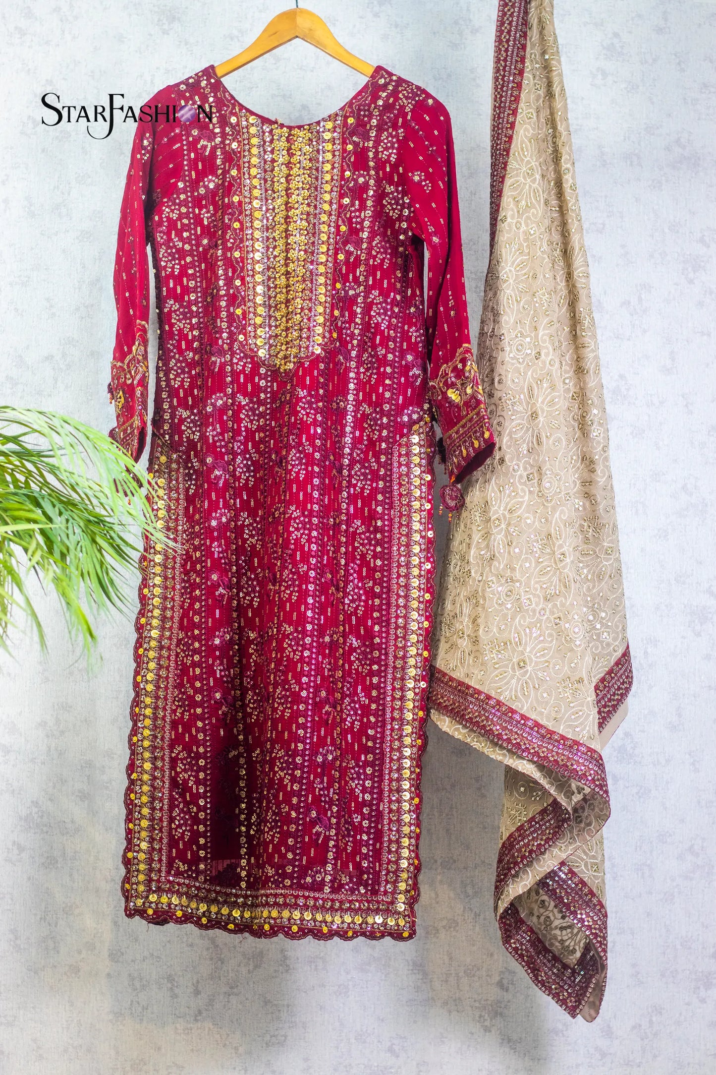Maroon Chiffon 3-Piece Dress with Embroidered Dupatta