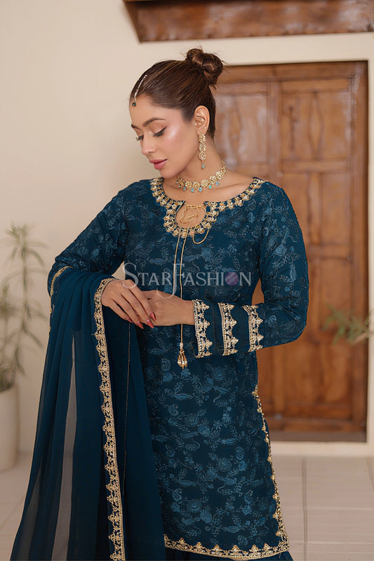Malaysian Blue Chiffon Embroidered Suit with Dupatta & Gharara