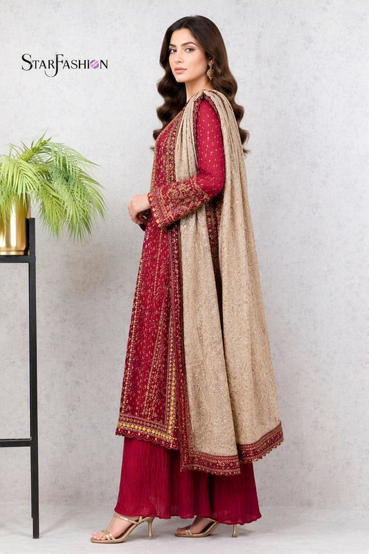 Maroon Chiffon Festive Ensemble | Embroidered Dupatta & Crushed Palazzo
