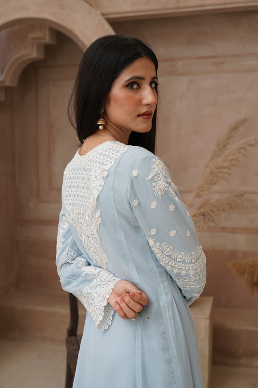 Chiffon Tail Hem Dress with Palazzo & Dupatta