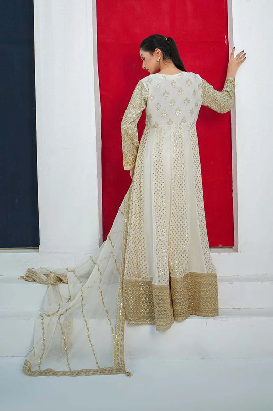 Cream embroidered 3-piece Pakistani suit with chiffon frock, full Malai lining, straight crepe trousers and chiffon dupatta
