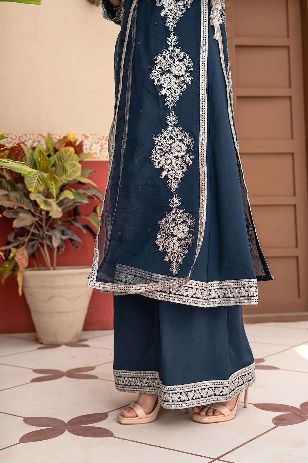 Navy Blue | Organza | Embroidered | 3-Piece Suit