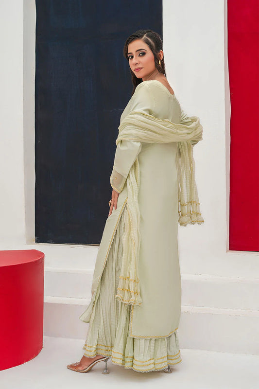 Embroidered 3-piece Pakistani suit with straight-cut Kasab Net kurta, Malai lining, crushed Malai and Crepe palazzo trousers, and chiffon dupatta