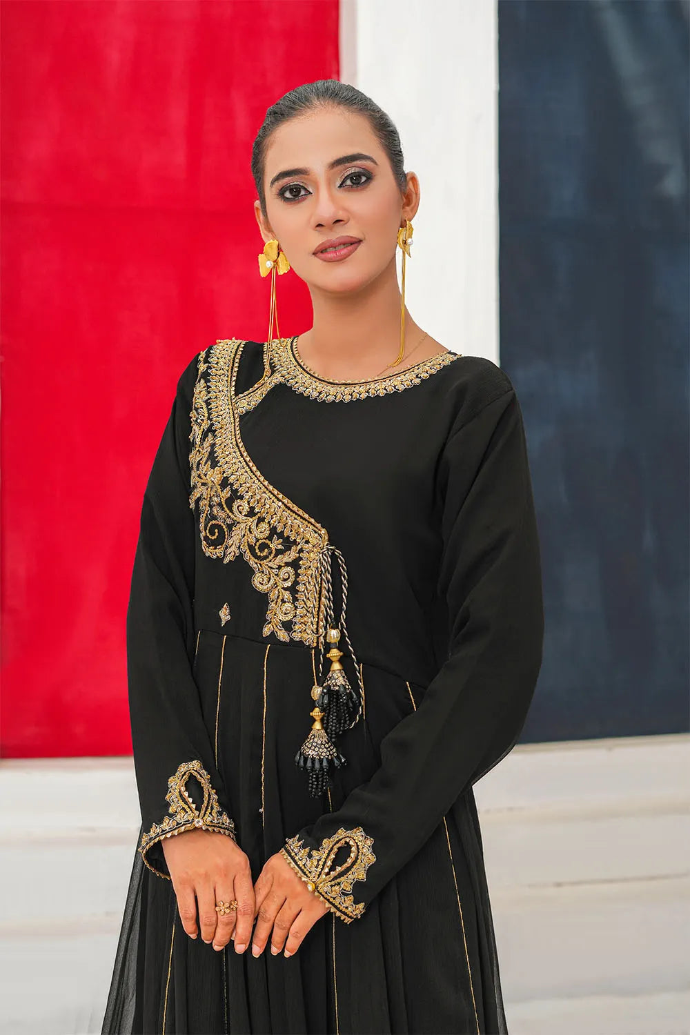 Black Embroidered Chiffon Angrakha Frock Suit