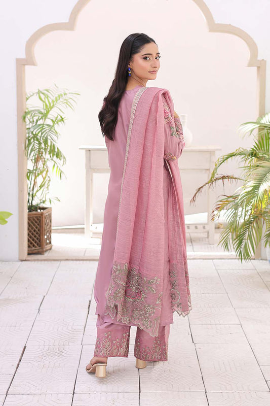 Mauve embroidered 4-piece Pakistani suit featuring a Russian silk shirt, embroidered Russian silk koti, matching shalwar, and Khaddi Net dupatta