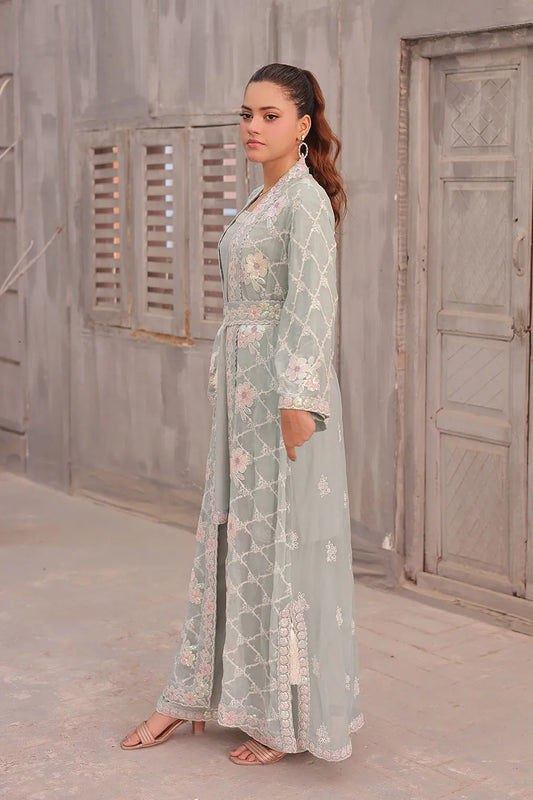Mint embroidered 4-piece Pakistani suit featuring a long chiffon shrug with a waist-tier design, medium-length silk shirt with a square embroidered neckline, silk palazzo trousers with embroidered bottoms, and an embroidered chiffon dupatta.