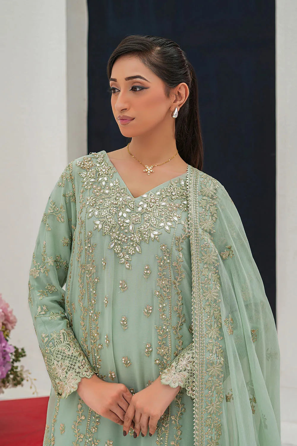 Embroidered 3-piece Pakistani suit in mint and onion pink with a straight-cut chiffon kurta, Malai lining, straight Grip trousers and chiffon dupatta