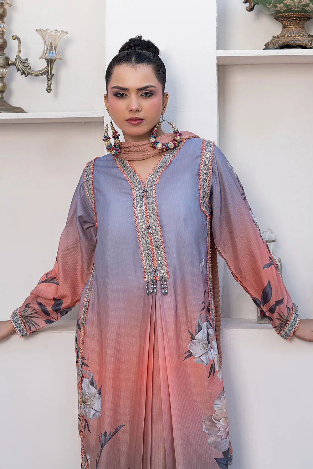 Multicolor printed 3-piece Pakistani suit with long Bana Dora kaftan, straight Bana Dora trousers and chiffon dupatta