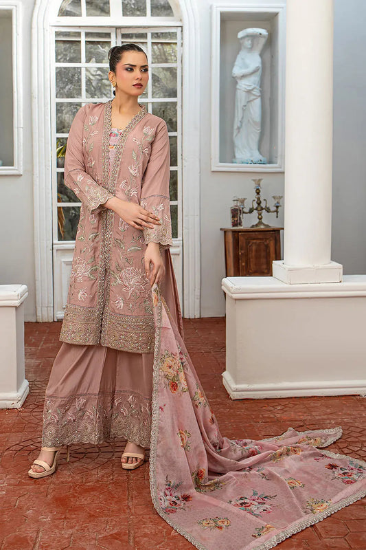 O Pink embroidered 3-piece Pakistani suit with straight chiffon open coat, Malai lining, chiffon palazzo and Apple Silk digital print embroidered dupatta