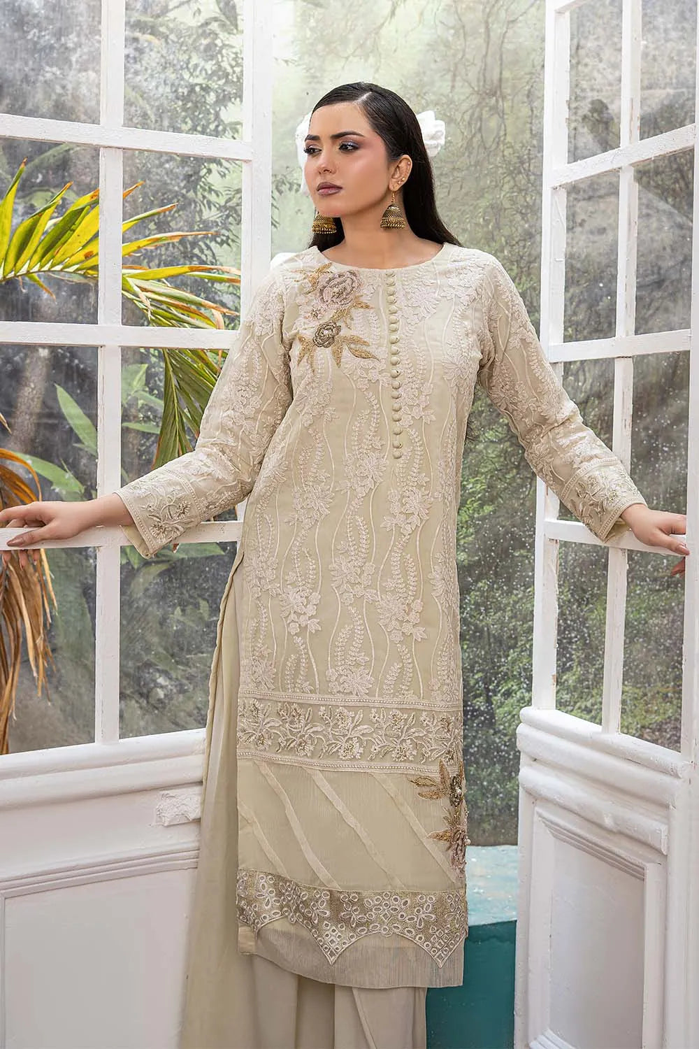 Off-white embroidered 3-piece Pakistani suit featuring a straight-cut organza kurta with full lining, Grip palazzo trousers, and a Khaddi Net dupatta.