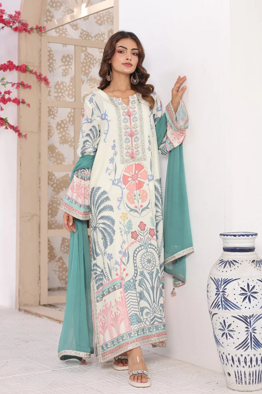 Off White Printed Long Kaftan 3 Piece Suit