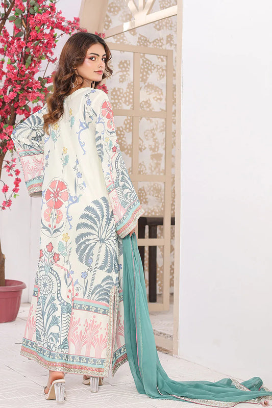 Off white printed 3-piece Pakistani suit with long Bana Dora kaftan, straight Bana Dora trousers and chiffon dupatta