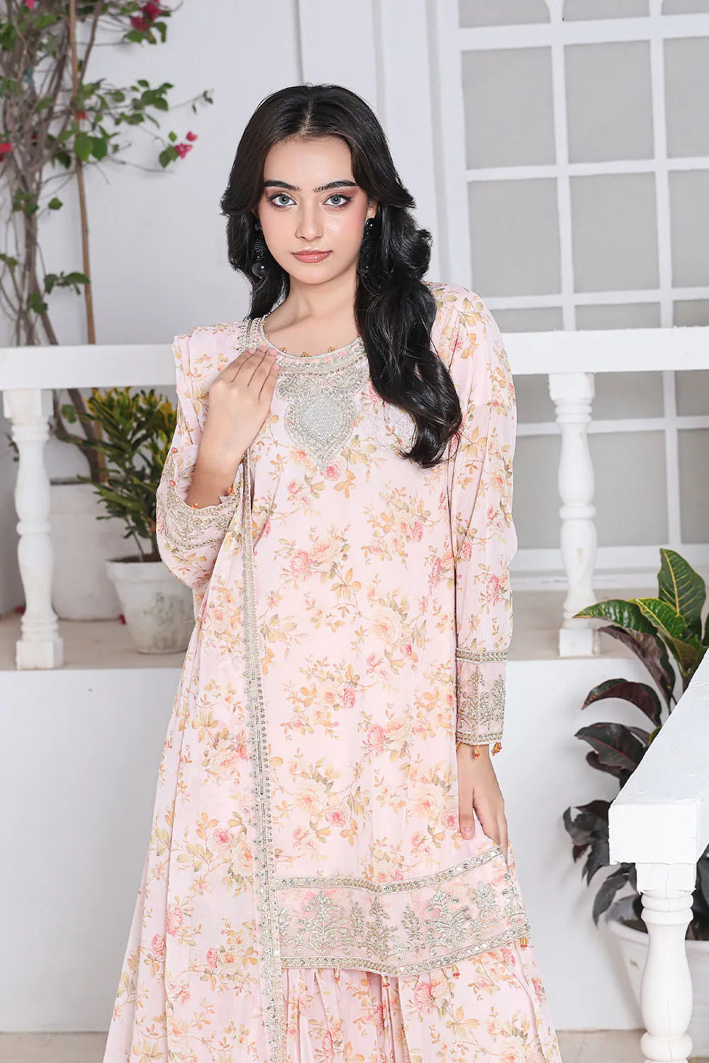 Peach embroidered 3-piece Pakistani suit featuring a printed chiffon short shirt with full lining, straight-leg printed chiffon gharara with attached lining, and matching printed chiffon dupatta.