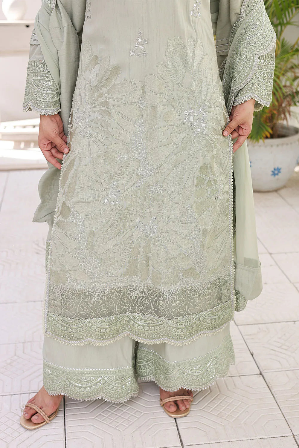 Pista embroidered 3-piece Pakistani suit featuring a straight-cut raw silk kurta with full lining, matching raw silk palazzo trousers, and a chiffon dupatta.