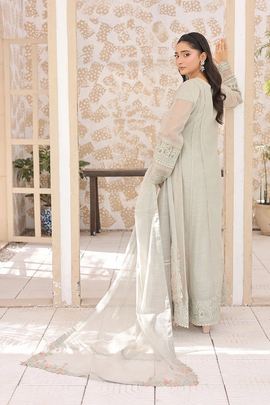 Pistachio three-piece embroidered frock featuring Khaddi Net fabric, full lining, Crepe straight trousers, and a matching Khaddi Net dupatta.