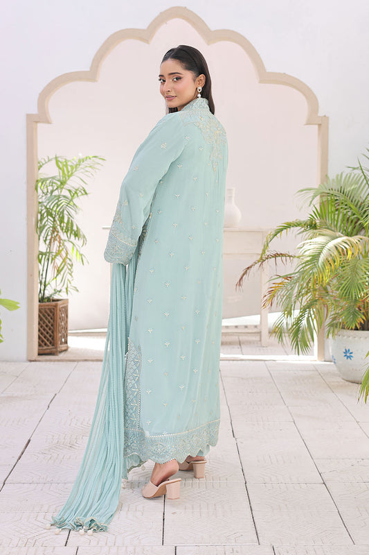 Sky blue embroidered 3-piece Pakistani suit featuring a long chiffon kaftan with full lining, straight Grip trousers, and a matching chiffon dupatta.