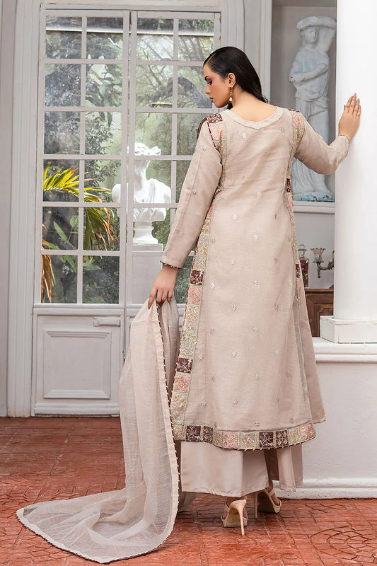 Taupe embroidered 4-piece Pakistani suit featuring a side dori style Khaddi Net overcoat with full lining, raw silk palazzo trousers, and a matching Khaddi Net dupatta.