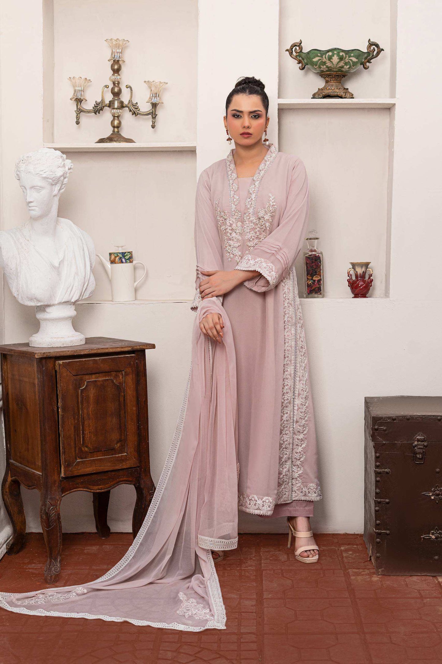 Baby pink | Chiffon | Embroidered | 4-Piece Suit