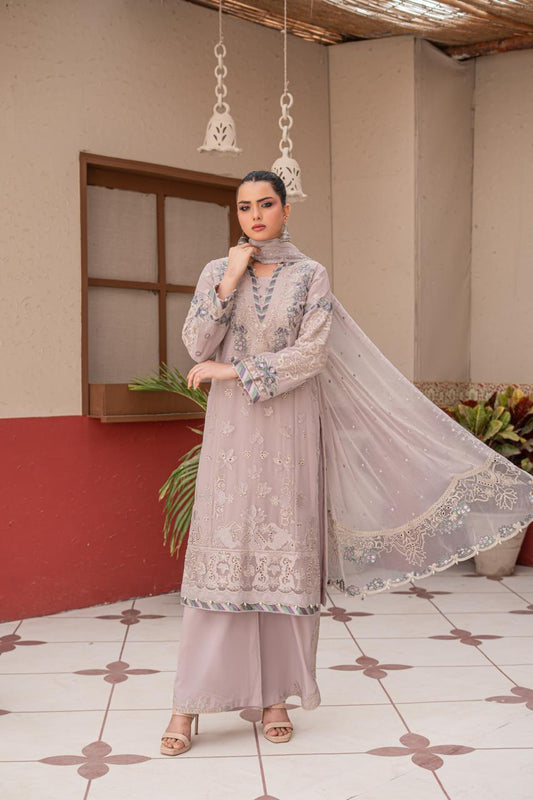 dusty Mauve | Chiffon | Embroidered | 3-Piece Suit