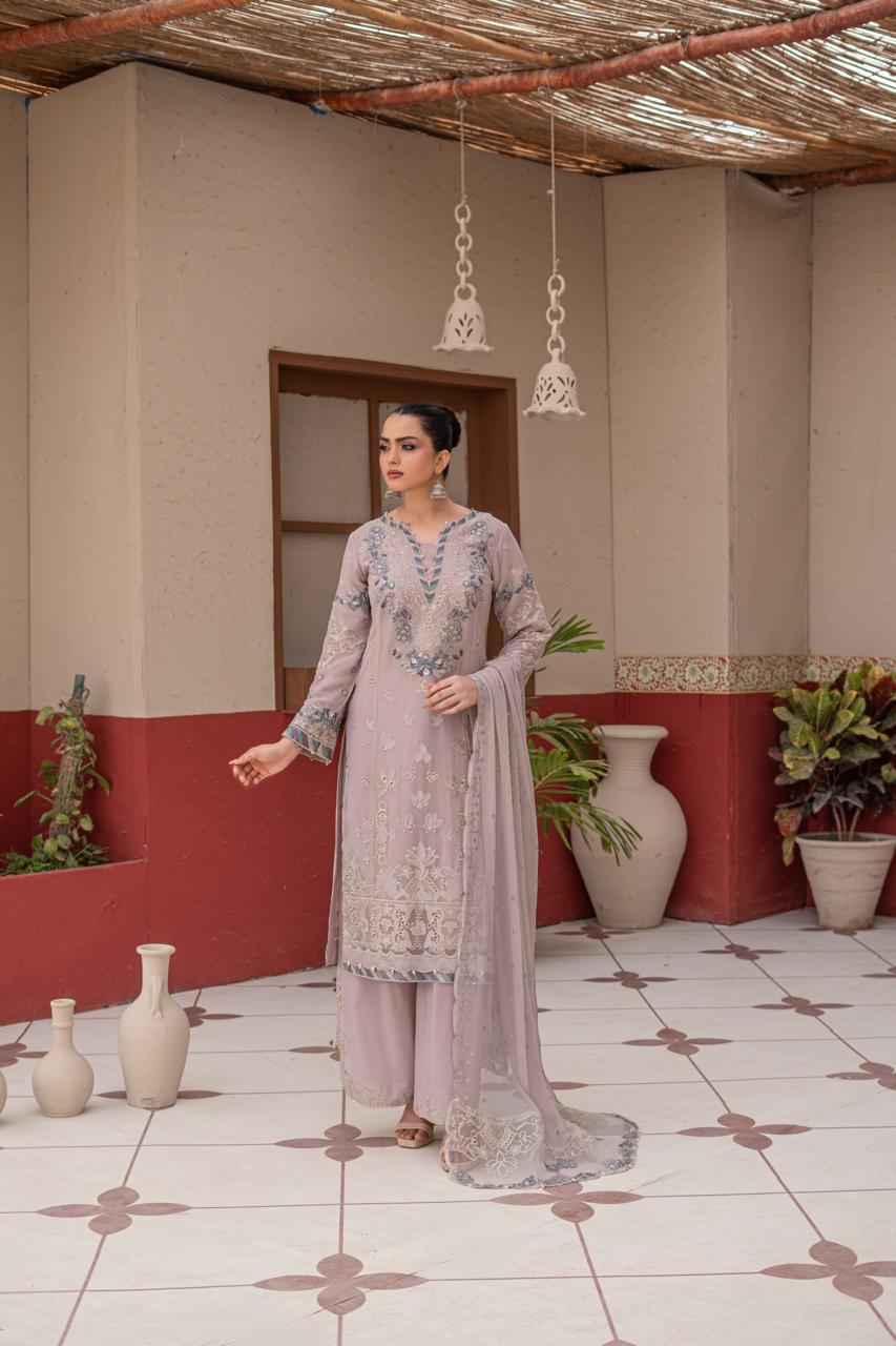 dusty Mauve | Chiffon | Embroidered | 3-Piece Suit