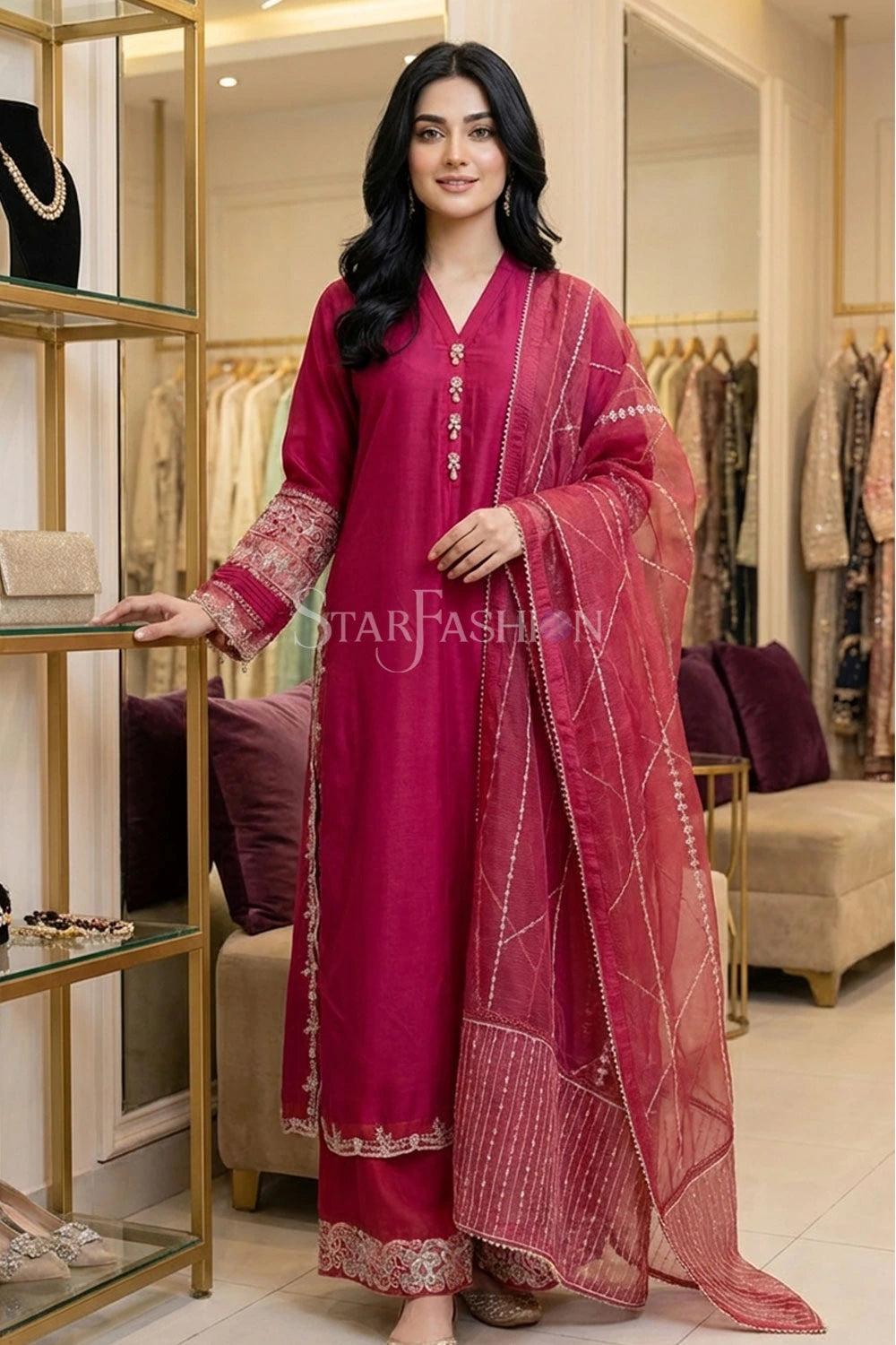 Raw Silk A-Line Kurta Set with Plazzo & Self-Textured Organza Dupatta