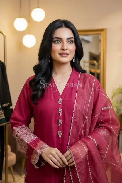 Raw Silk A-Line Kurta Set with Plazzo & Self-Textured Organza Dupatta