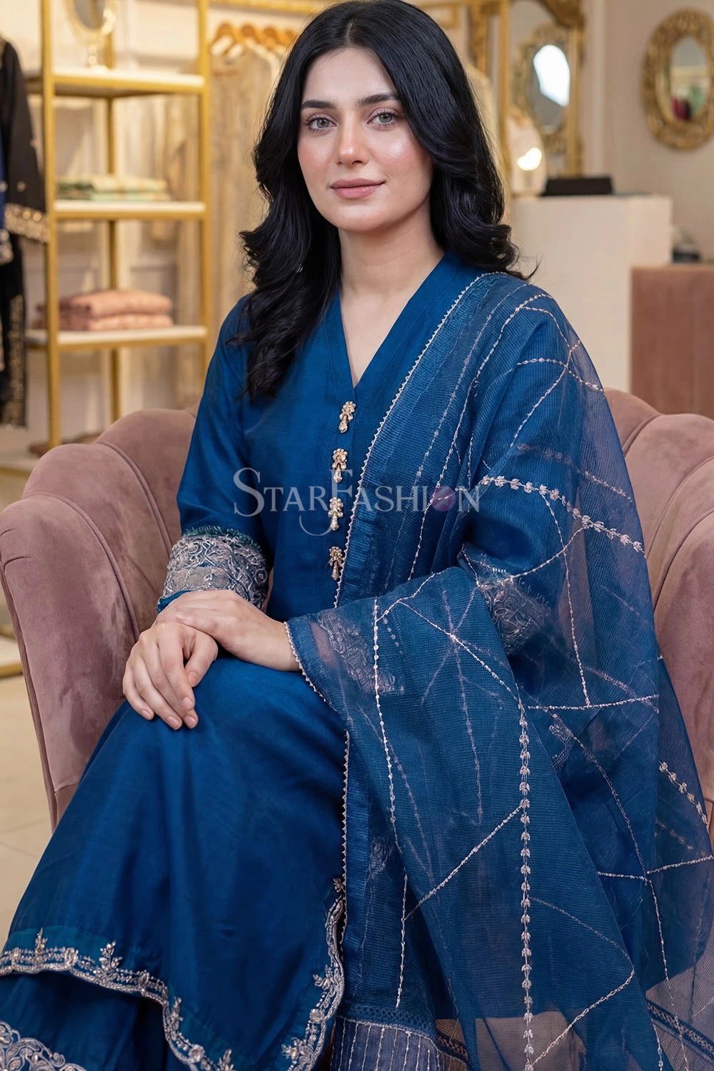 Raw Silk A-Line Kurta Set with Plazzo & Self-Textured Organza Dupatta