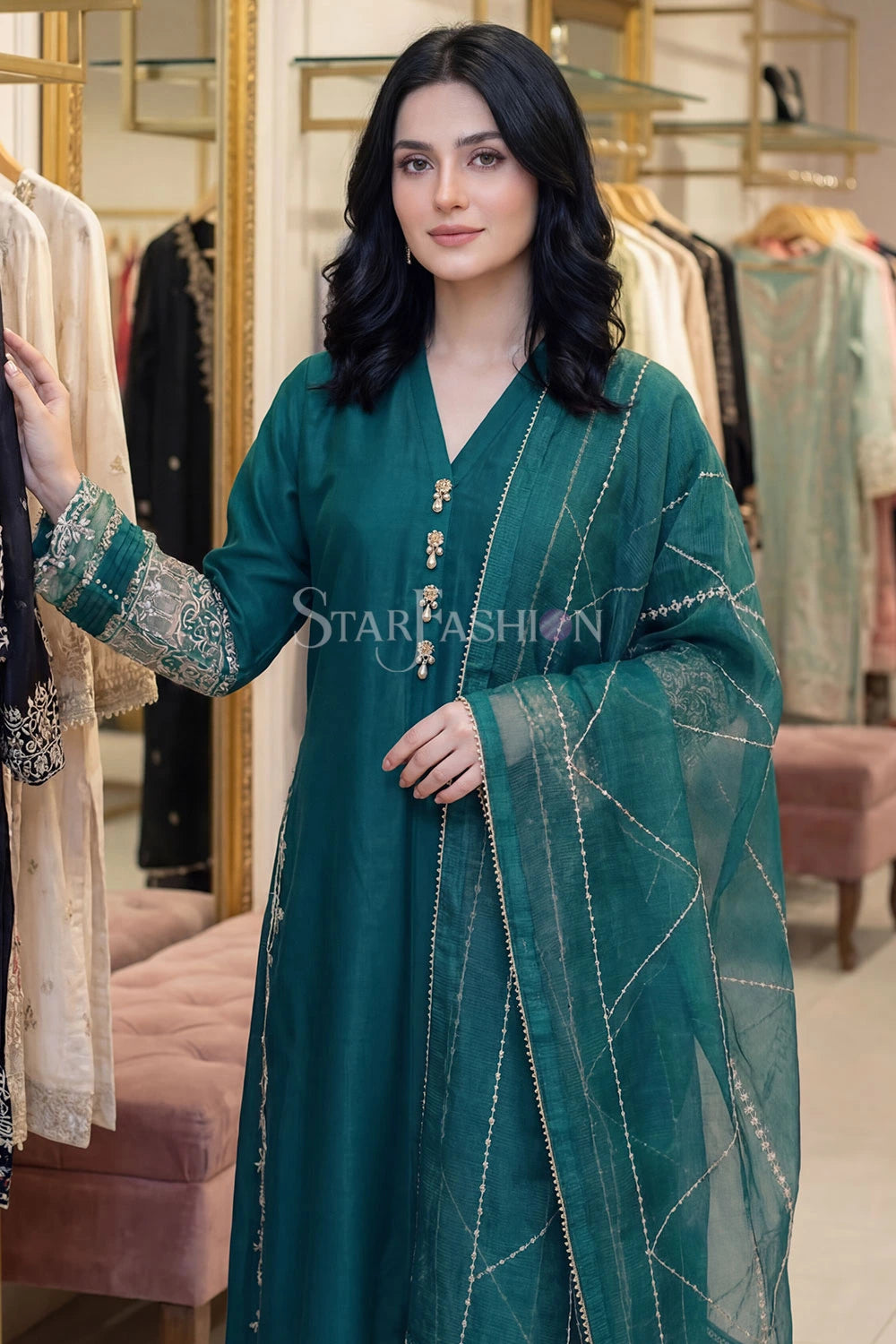 Raw Silk A-Line Kurta Set with Plazzo & Self-Textured Organza Dupatta