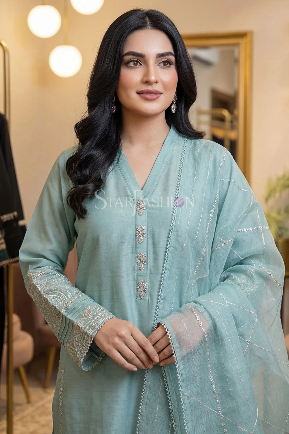 Raw Silk A-Line Kurta Set with Plazzo & Self-Textured Organza Dupatta