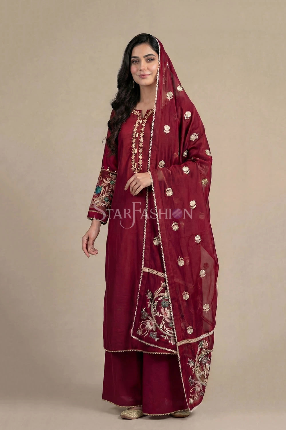 Embroidered Straight Khadi Silk Kurta Set with Plazzo & Organza Dupatta