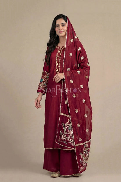 Embroidered Straight Khadi Silk Kurta Set with Plazzo & Organza Dupatta
