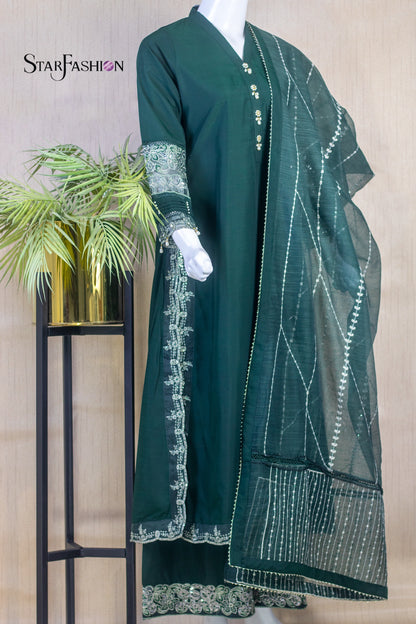 Raw Silk A-Line Kurta Set with Plazzo & Self-Textured Organza Dupatta