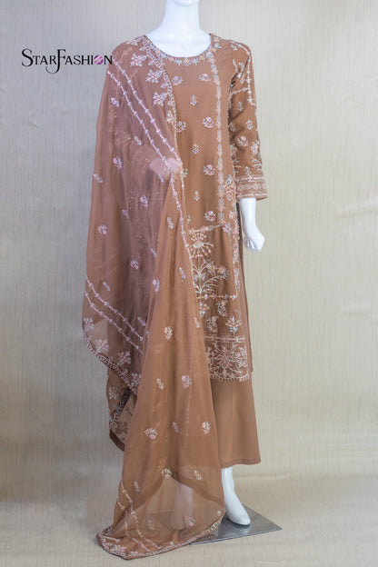 Tonal Camel Chiffon 3-Piece Dress with Dupatta