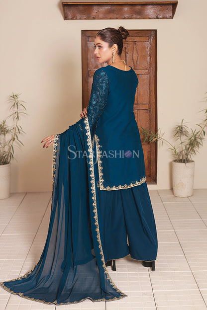 Malaysian Blue Chiffon Embroidered Suit with Dupatta & Gharara